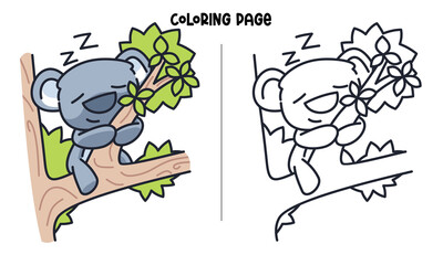 Cute koala sleeping on the branch of tree Coloring Page and Book