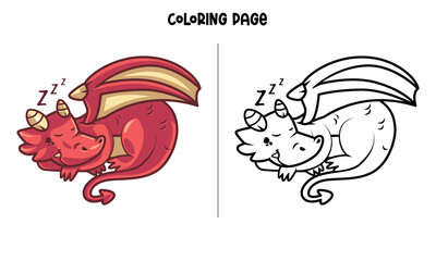 Red Dragon Sleeping Coloring Page and Book
