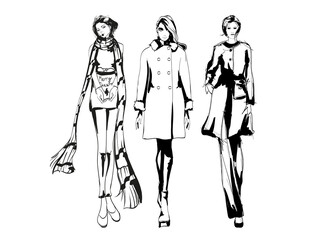 Beautiful young women in modern style.. Hand drawn stylish woman portrait. Fashion lady. Autumn outfit. Sketch set. Fashion model posing in coat. Hand drawn fashion woman.