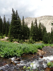 Obraz premium magnificent arapahoe, navajo, and shoshoni peaks with a mountain stream and snowfield on a sunny summer day along the lake isabele trail in the indian peaks wilderness area near nederland, colorado