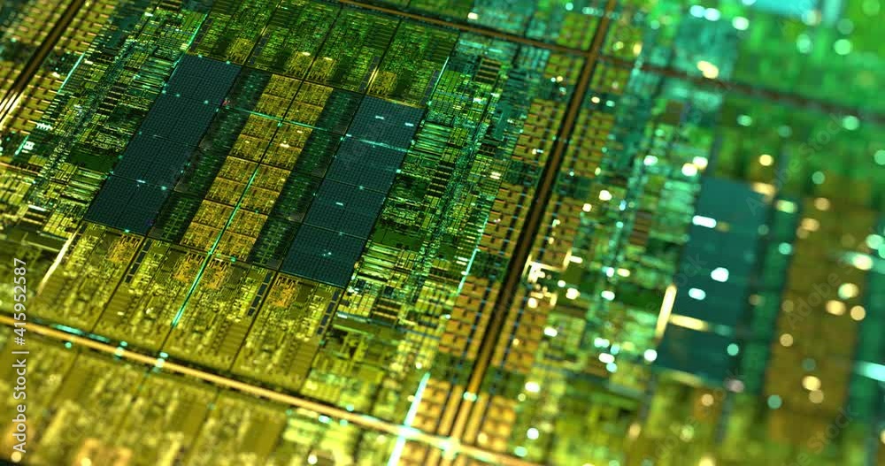 Poster electronic computer hardware, silicon wafer with gold elements. data flow with lights. high tech sci