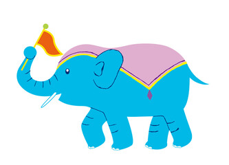 A circus elephant waving a flag