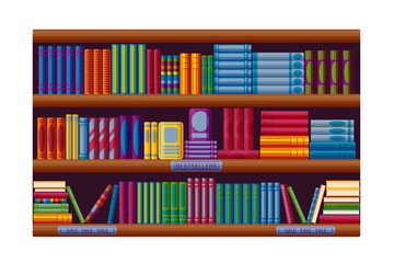 Bookstore rack with bestsellers and sale options. Shelves in cartoon style. Vector illustration on white background