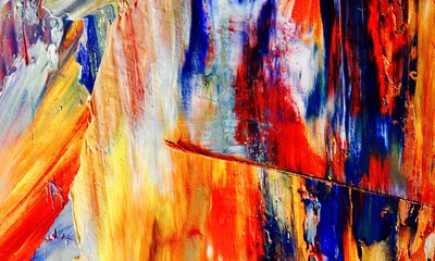 Bunter abstrakter Malereihintergrund. Moderne Motive bildende Kunst. Intensive mehrfarbige Mischung aus lebendigen Ölfarben. Trendige handbemalte Leinwand. Malen Sie Pinselstriche auf Leinwand für trendige Postertapeten. © Valeriy