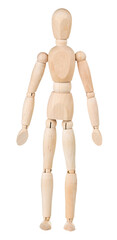 Wooden man figurine isolated on white background. Puppet concept.