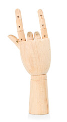 Wooden hand isolated on a white background.