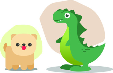 Illustration of cute face of Dinosaur and dog.