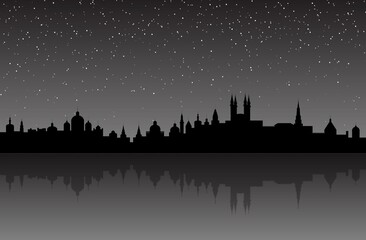 Obraz premium Landscape of the night city. Vector illustration of the contours of city buildings on the background of the starry sky with a reflection in the water. Poster postcard.