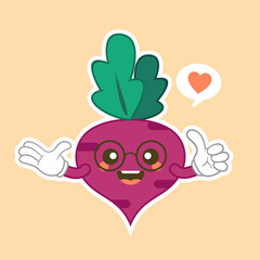 Beetroot character flat design. Isolated cartoon purple beetroot with kawaii face on color background. Colorful friendly purple beet vegetable. Cute design For vegetarian, vegan product.