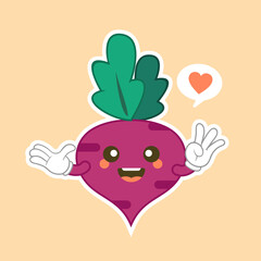 Beetroot character flat design. Isolated cartoon purple beetroot with kawaii face on color background. Colorful friendly purple beet vegetable. Cute design For vegetarian, vegan product.