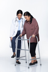Fototapeta na wymiar Doctor is helping Senior Elderly Asian Woman uses Zimmer walker