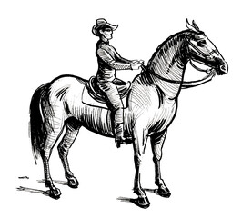 American cowboy riding a horse. Ink black and white drawing