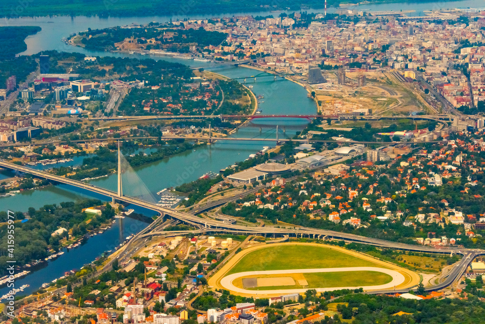 Poster aerial view of belgrade with danube river flowing through, serbia