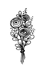 Simple hand-drawn vector drawing in black outline. Rose bouquet isolated on white background. For postcard prints, Spring Holidays, 8 March, Mother's Day.