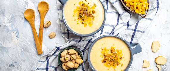 Corn Soup, Vegan cuisine. Traditional autumn corn soup. Served with corn cobs, roasted pistachios and croutons, Restaurant menu, dieting, cookbook recipe, top view