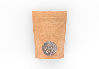 Kraft paper pouch mock up for coffee beans. Blank craft coffee bean pack mock up on isolated white...