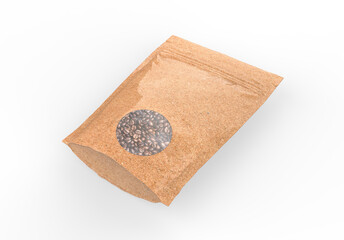 Kraft paper pouch mock up for coffee beans. Blank craft coffee bean pack mock up on isolated white background, 3d illustration