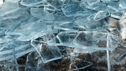 background of pieces of crystal clear blue ice on the river bank
