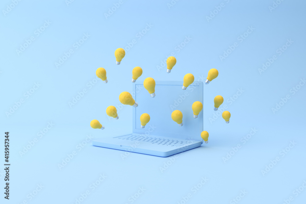 Poster 3d rendering of laptop and yellow light bulb. minimal concept.