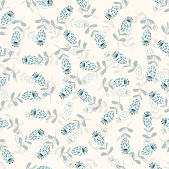 Seamless floral pattern based on traditional folk art ornaments. Colorful flowers on light background. Scandinavian style. Sweden nordic style. Vector illustration. Simple minimalistic pattern.