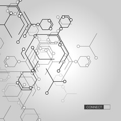 Connecting shapes on light background. Banner design. Geometric art