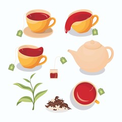 Illustration of tea in a cup, spilled tea, tea bag, teapot, green tea leaves, and dry tea with jasmine 