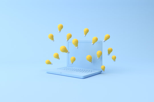3d rendering of laptop and yellow light bulb. Minimal concept.