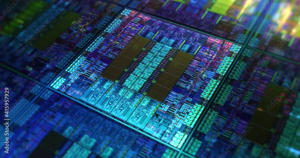 Poster futuristic microchip processors on wafer with data neon lights. hardware technology concept, compute