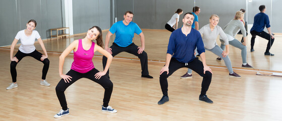 Group of different ages women and men doing stretching exercises warming up at dance class