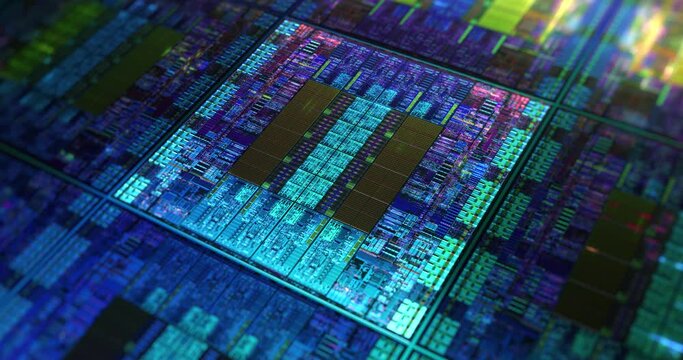 Futuristic microchip processors on wafer with data neon lights. Hardware technology concept, Computer component lights. 4K loop, 3D rendering