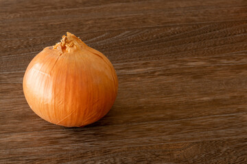 玉ねぎ（1個・未調理・暗めの木目背景）