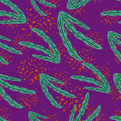 Random seamless doodle pattern with abstract bright green seaweed foliage shapes. Purple background with splashes.