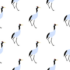 Isolated seamless animal pattern with crane bird doodle ornament. White background. Simple design.