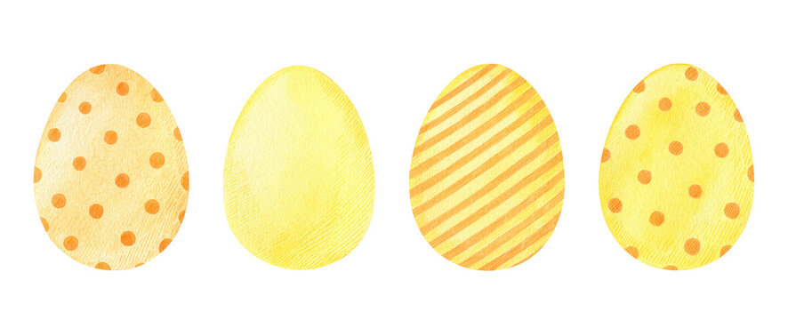 Watercolor set with Easter eggs with polka dots and stripes. Festive design elements  in yellow and orange colors isolated on white background. Perfect for your project, cards, invitations, prints.