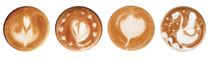 Cups of tasty latte on white background, top view