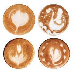 Cups of tasty latte on white background, top view