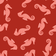Seamless random pattern with pink colored seahorse doodle ornament. Bright red background. Nature print.