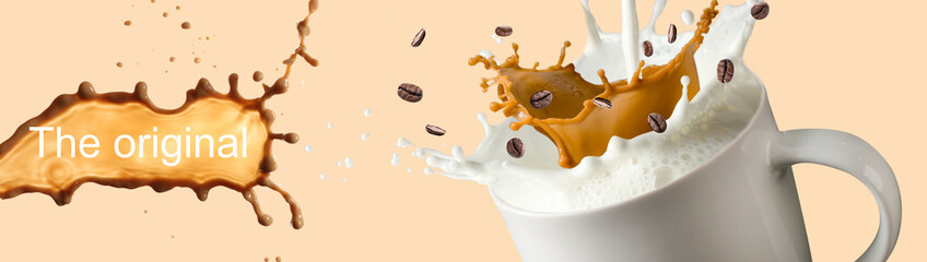 Cup of coffee with splashes and falling coffee beans on color background