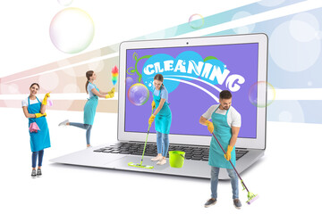 Small janitors and modern laptop on white background