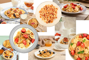 Collage of plates with tasty mini pancakes