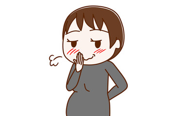 笑いを堪えているがにやにやが止まらなく吹き出してしまう妊婦