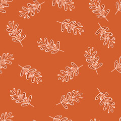 Simple style organic branches seamless outline pattern. Orange background. Minimalistic random print.