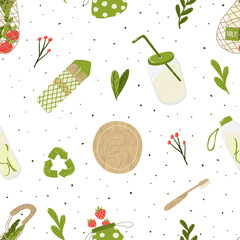 Eco friendly lifestyle. Seamless pattern with  reusable and recyclable objects.  Layout design perfect for prints,banners,web,eco posters,flyer mockups,textile and more. Healthy lifestyle background.