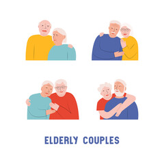 A collection of older married couples. White-haired men and women. Portraits of hugging grandparents. Vector flat illustration on a white background