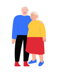An elderly married couple. A white-haired man and a woman. Hugging grandparents. Vector flat illustration on a white background