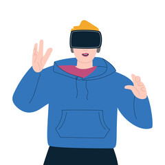 Portrait of a young man using virtual reality glasses. A person in a VR headset. Flat vector illustration on white background