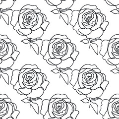 Vector seamless pattern with rose flowers outline on the white background. 