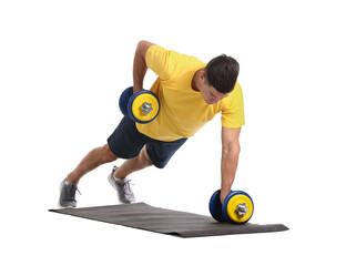 Sporty young man training with dumbbells on white background