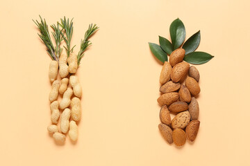 Healthy peanut and almond nuts on color background