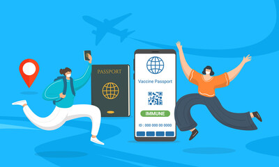 digital vaccination certificate concept, happy young woman with vaccine passport